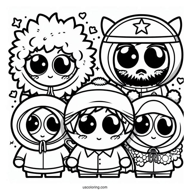 South Park Coloring Page Of Kawaii Kenny, Kyle, Eric, And Stan For Kids