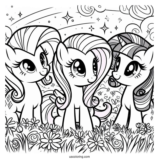 Smiling Fluttershy, Rarity, and Twilight Sparkle in Field
