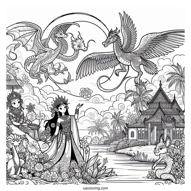 Raya And The Last Dragon Coloring Page Of Sisu, Raya, Boun, Tong, Noi, And The Ongis