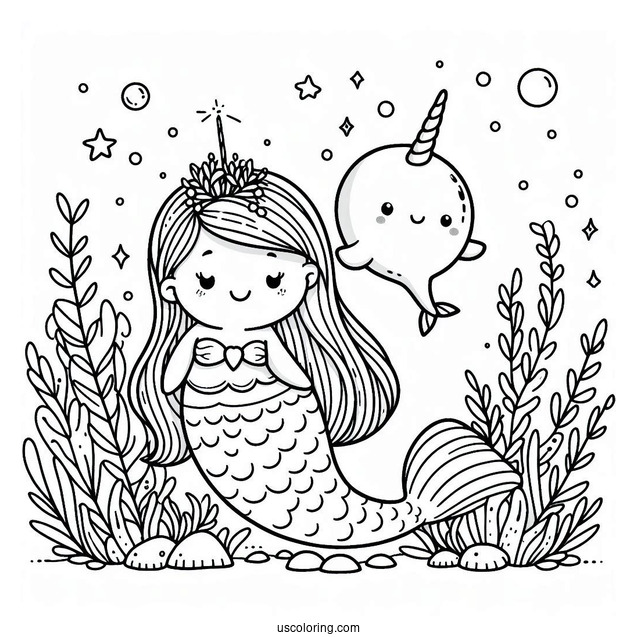 Kawaii Mermaid And Narwhal Coloring Page Under The Sea