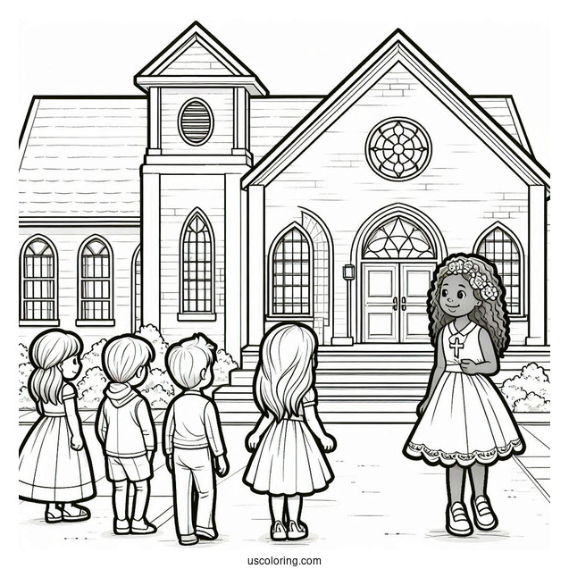 Cartoon Church Coloring Page Goers Standing In Front Of The Church Building For Kids