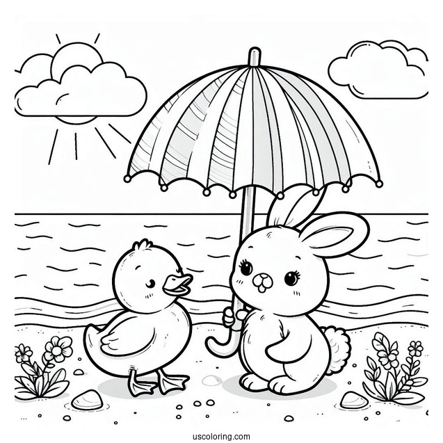 Cute Coloring Page Of Rabbit And Duck Walking Along The Beach Under An Umbrella
