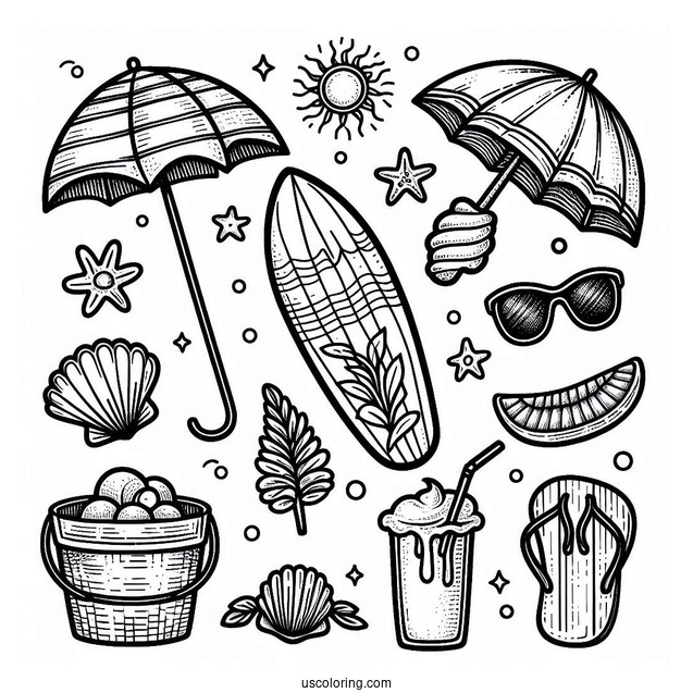 Summer Coloring Page Surf Board, Goggles, Popsicle, Hat, Seashell, Bucket, Drink, Sun, And Umbrella