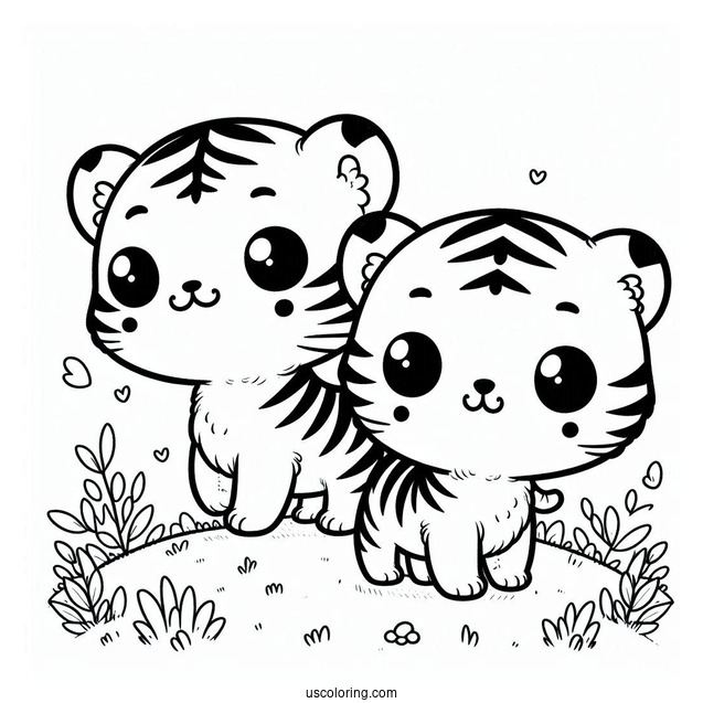Two Cute Kawaii Tigers Standing On Grass