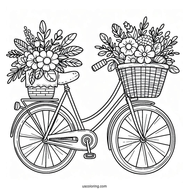 Cute Bicycle Coloring Page With Basket Full Of Flowers For Kids
