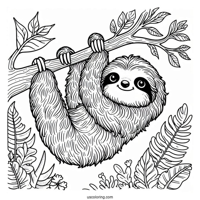 Cute Sloth Hanging From Tree To Color For Kids
