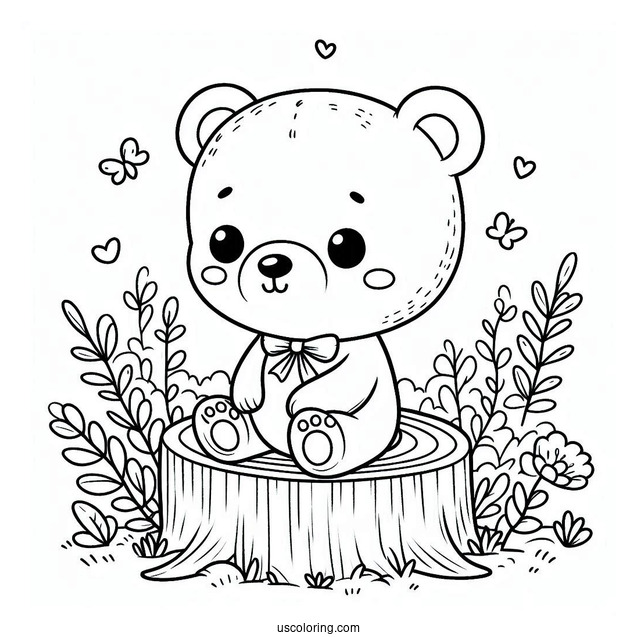 Cute Coloring Page Baby Bear Sitting On A Tree Stump