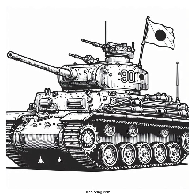 Type 90 Tank With Gunners and Japanese Flag