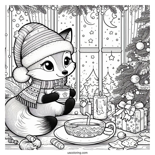 Christmas Coloring Pages For Adults Of Adorable Fox Drinking Tea By The Window