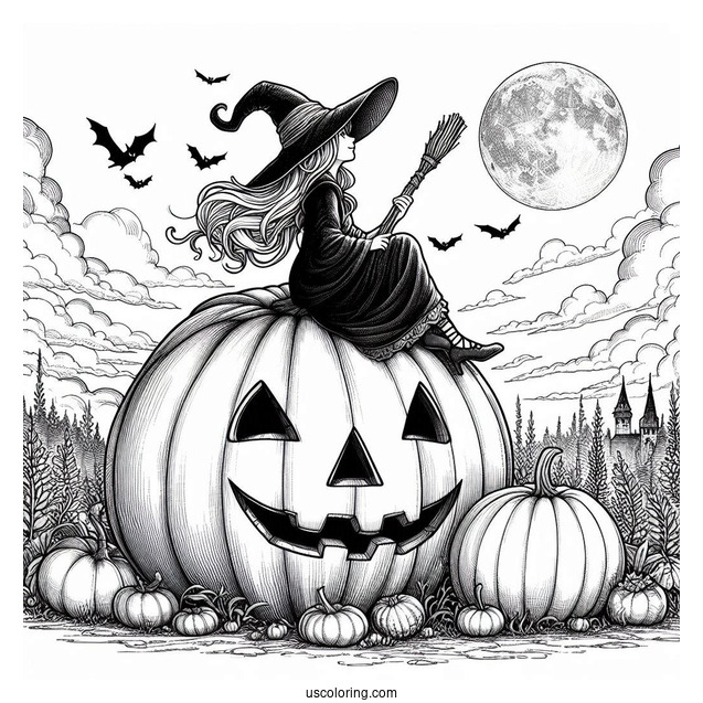 Pumpkin Coloring Page Witch Sitting On A Massive Jack O Lantern