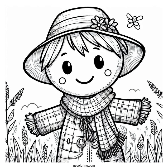 Smiling Scarecrow Coloring Page In The Field Wearing A Scarf