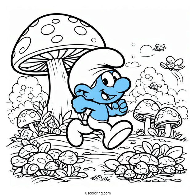 Smurf Running To Mushroom House Coloring Sheet