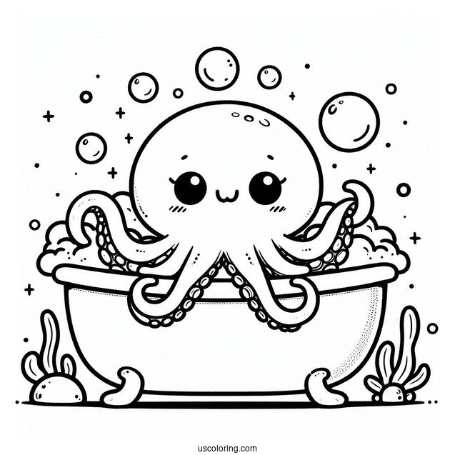 Cute Baby Octopus Coloring Page Having Bubble Bath