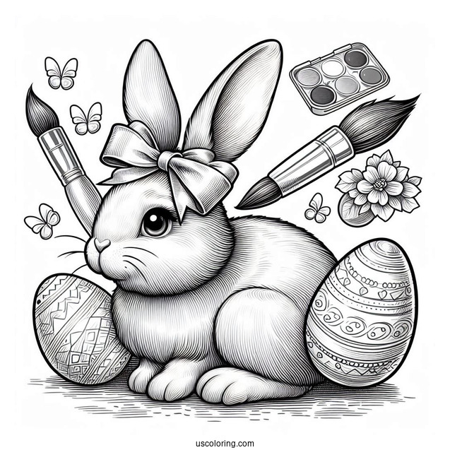 Realistic Easter Bunny Coloring Page With Bow, Paintbrush, And Eggs