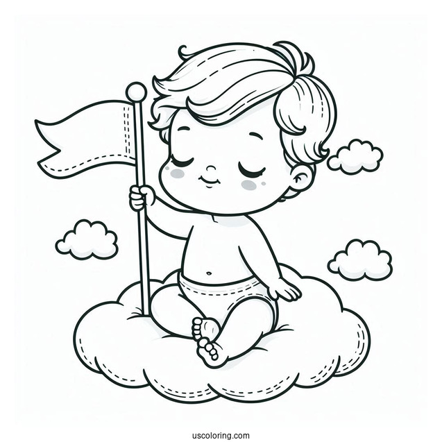 Baby Coloring Page Sitting On A Cloud Holding A Flag
