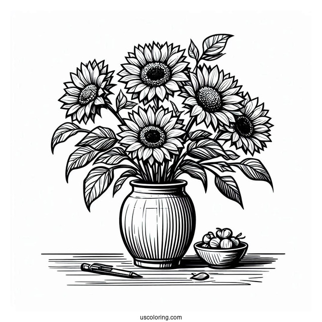 Several Sunflowers In Vase Coloring Sheet