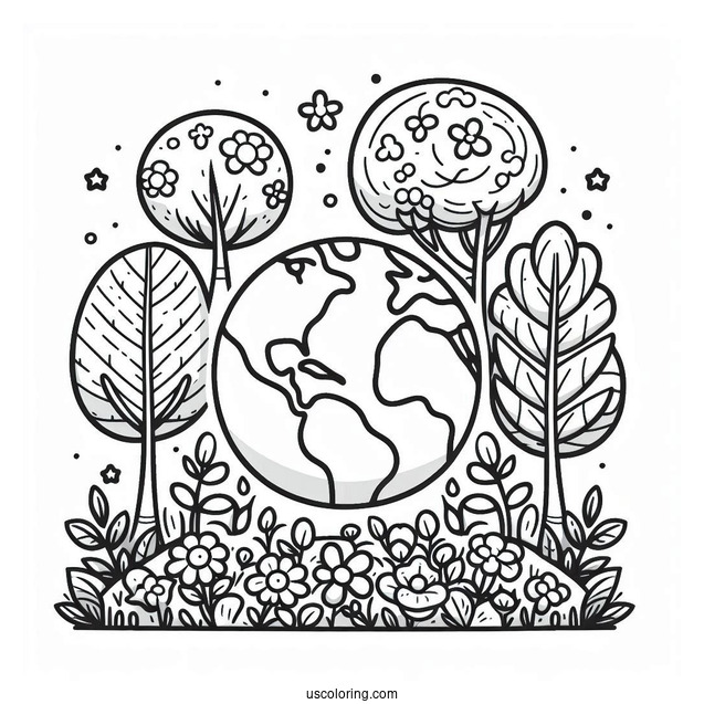 Tree And Flower Bushes Growing Around Earth Coloring Page