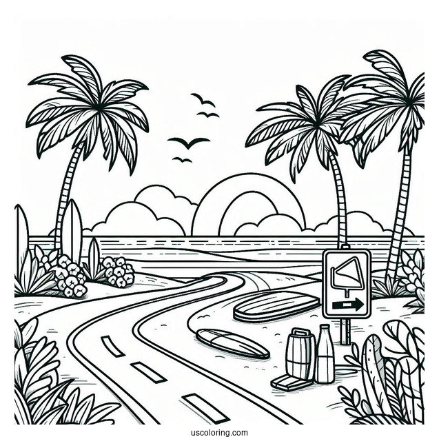 Summer Coloring Page Of Beach Scene With Road Sign, Palm Trees, And Surf Board