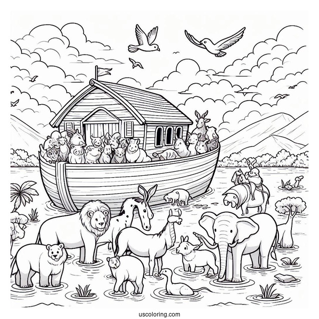 Noah's Ark Coloring Page Of Animals On The Ark During The Flood