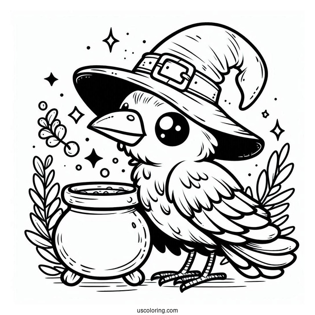 Cute Little Raven Coloring Page In A Witch s Hat With A Magical Cauldron