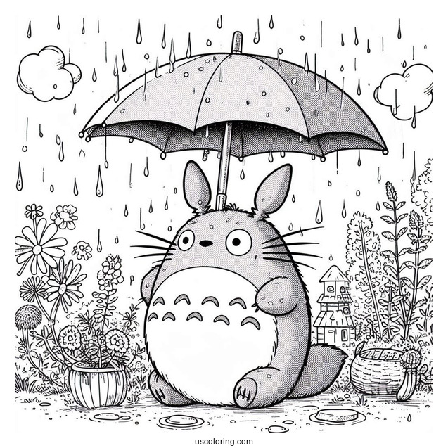 Studio Ghibli Coloring Page of My Neighbor Totoro Holding Umbrella For Kids