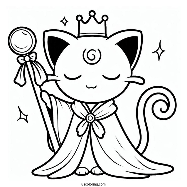 Mew Coloring Page With Crown, Robe, And Scepter For Kids