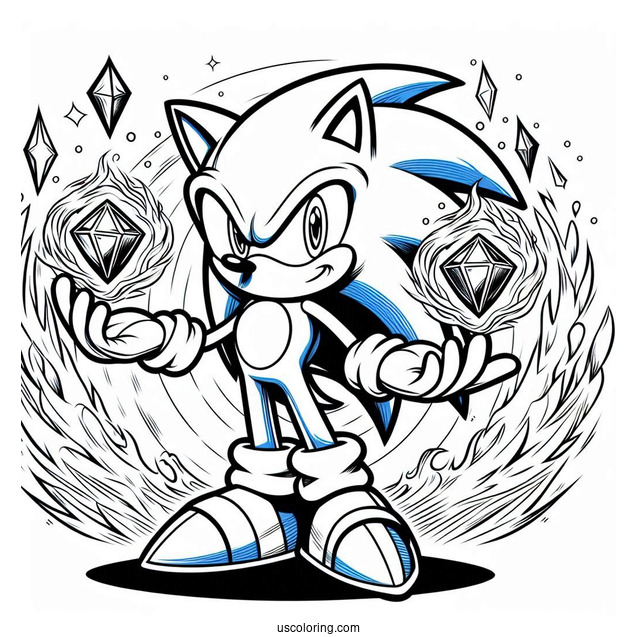 Super Sonic Coloring Page With Sonic Holding Chaos Emeralds