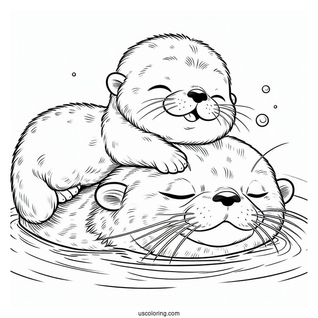 Baby Otter Coloring Page Sleeping On Top Of Mother Otter While Floating