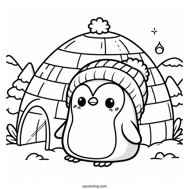 Cute Penguin With Igloo Coloring Sheet