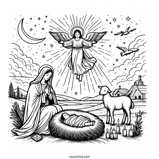Birth Of Jesus With Virgin Mary Coloring Page