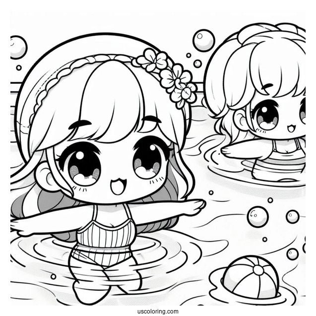 Kawaii Chibi Kids Swimming Coloring Page In The Pool For Kids