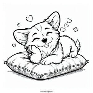 Corgi Coloring Page Sending Flying Kiss While Lying On Cushion