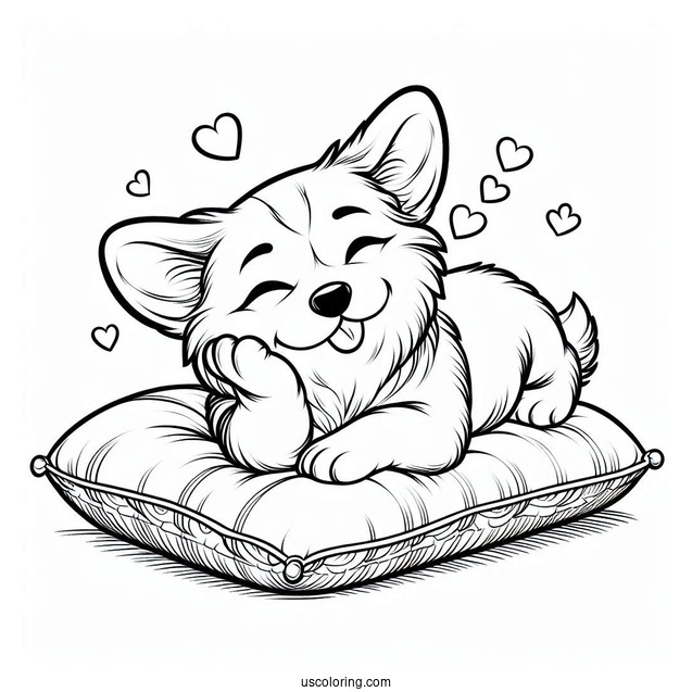Corgi Coloring Page Sending Flying Kiss While Lying On Cushion