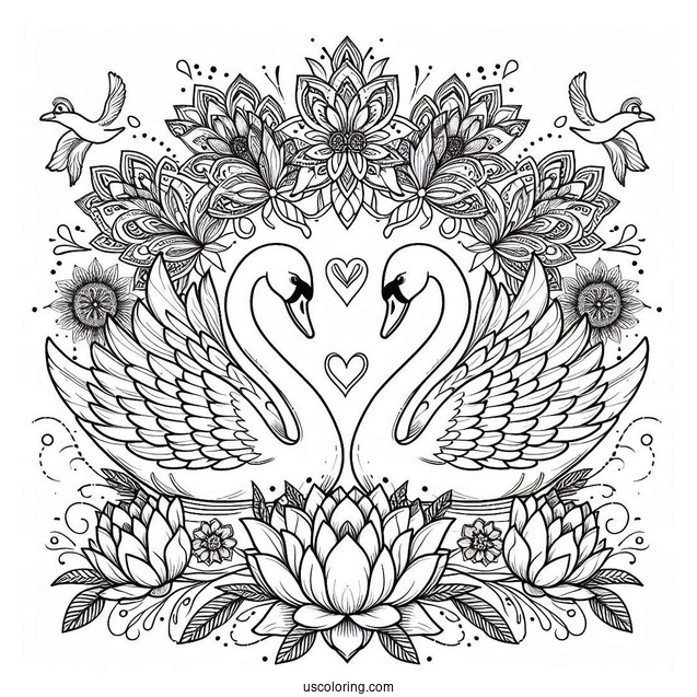 Twin Swan Coloring Page In Front Of Flower Mandala