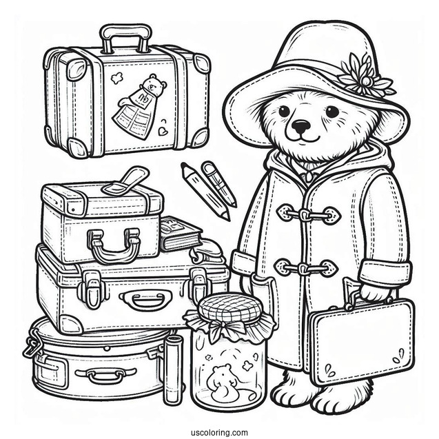 Easy Paddington Coloring Page Outline With Suitcase And Jar For Preschoolers