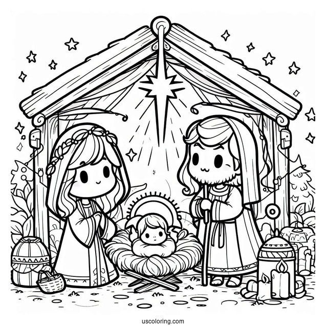 Nativity Coloring Page Of Easy Chibi Nativity For Kids