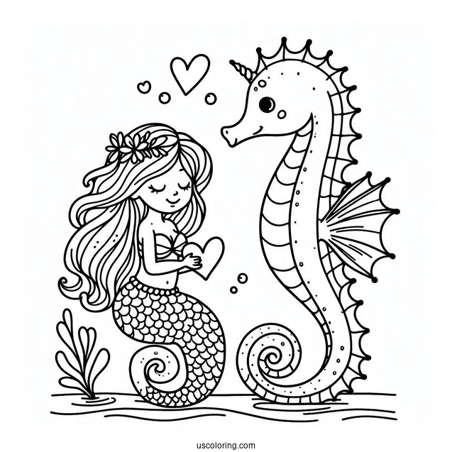 Seahorse And Mermaid With Love Heart To Color