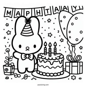 Miffy Coloring Page Celebrating Birthday With Streamer And Cake For Kids
