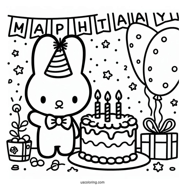 Miffy Coloring Page Celebrating Birthday With Streamer And Cake For Kids