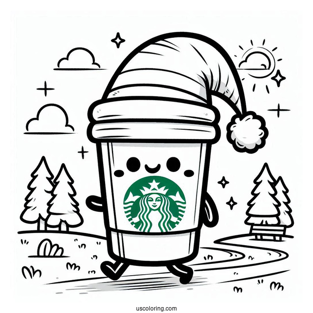 Cartoon Starbucks Coloring Page Cup Strolling In The Park With A Santa Hat