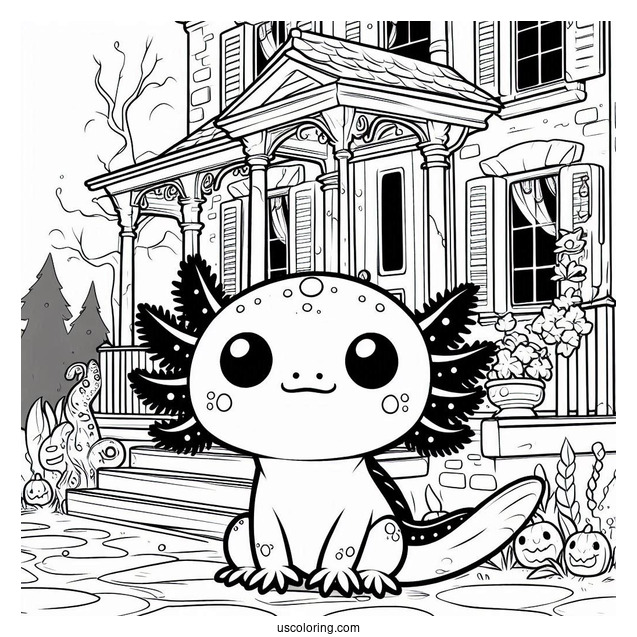 Sad Axolotl Coloring Page Outside A Haunted House