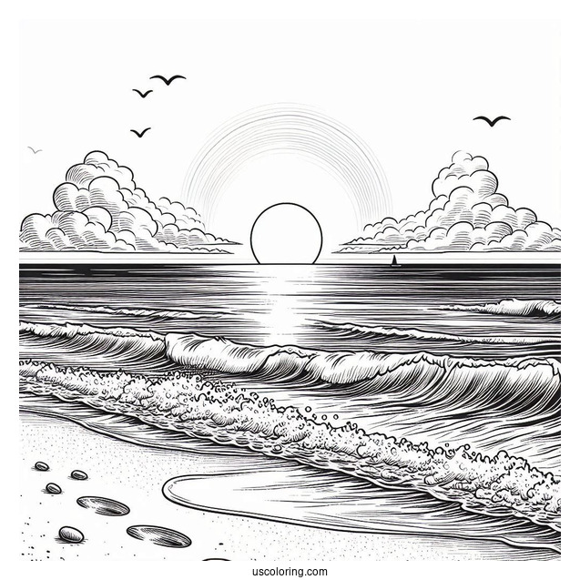 Sun Rising On The Horizon At The Beach Coloring Page