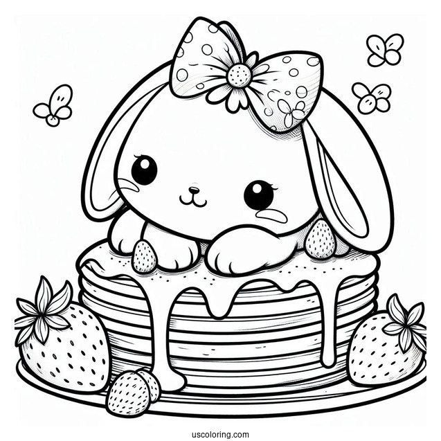 Adorable Bunny On Top Of Two Pancakes With Strawberries