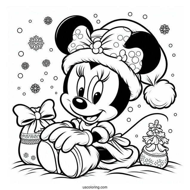 Minnie Mouse Wearing Santa Hat In Snow To Color
