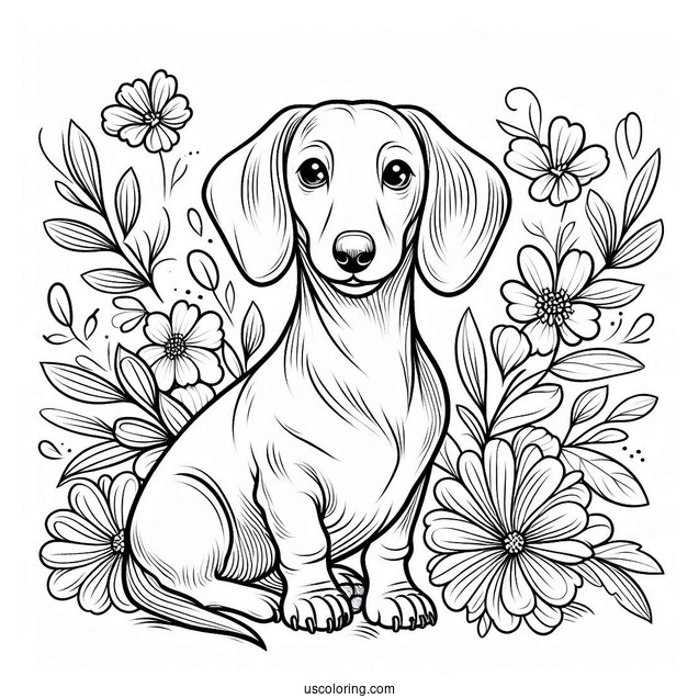 Dachshund Coloring Page Sitting With Flowers