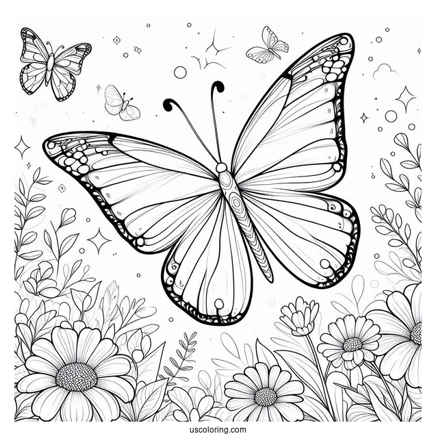 Large Butterfly Coloring Page In The Air For Kids