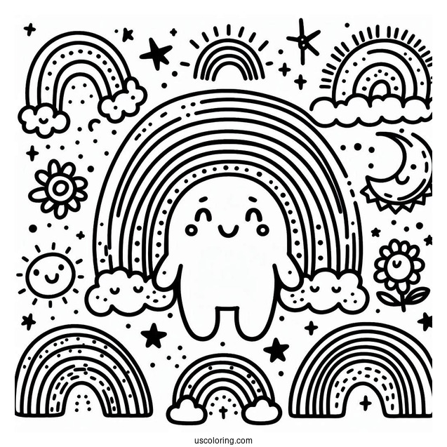Easy Rainbow With Smiling Faces Coloring Sheet For Kids