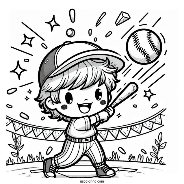 Kid Hitting Baseball Coloring Page with Confetti Celebration