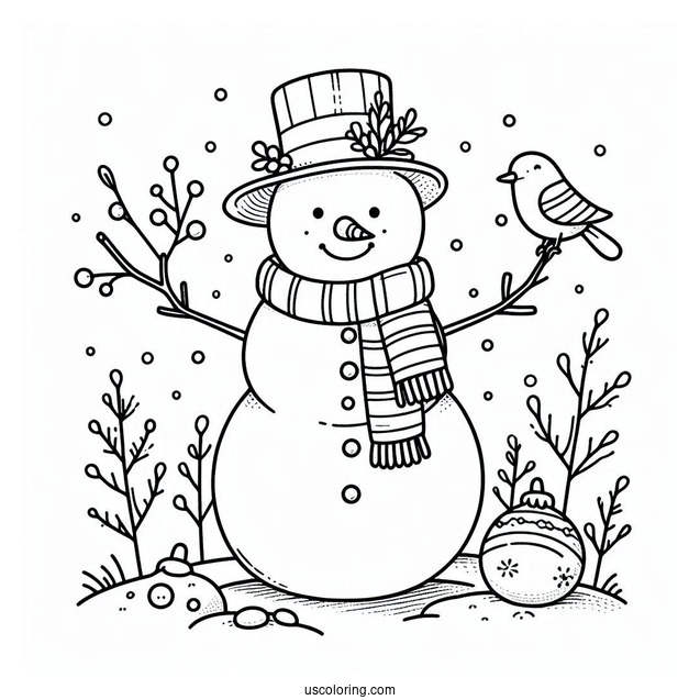 Snowman With Dig And Bird To Color