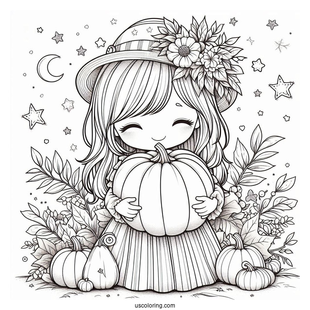 Precious Moments Coloring Page Of Girl Holding Pumpkin In Autumn